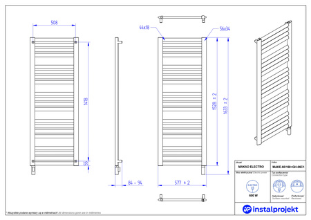 Instal Projekt Makao Electro Grzejnik elektryczny  60x160 cm biały mat/white mat MAKE-60/160C34+GH-09C1