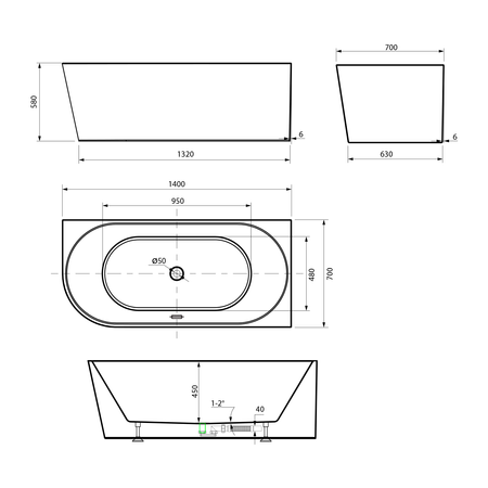 TIBERA R wanna przyścienna, narożna 140x70cm, biały
