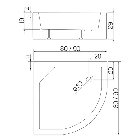 Brodzik prysznicowy ARTUS 90x90x29 półokrągły R55, fi 52, podstawa stelaż, gł 19cm
