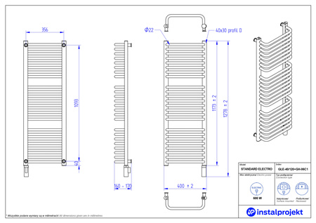 Instal Projekt Standard Electro Grzejnik elektryczny  40x120 cm biały połysk/white silk GŁE-40/120+GH-06C1