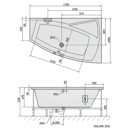 EVIA R wanna z hydromasażem, 170x100x47cm, Highline Hydro-Air, chrom