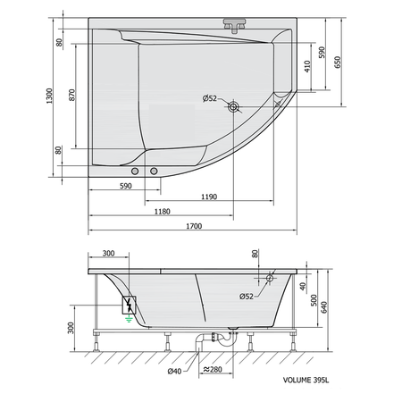TANDEM L wanna z hydromasażem, 170x130x50cm, Highline Hydro-Air, chrom