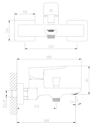 Bateria wannowa ścienna z przełącznikiem natrysku, gray metal