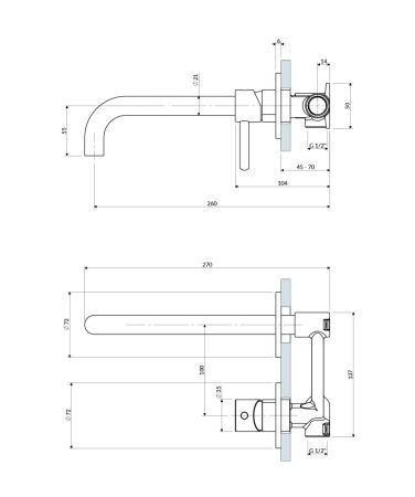 Y bateria umywalkowa podtynkowa z długą wylewką, miedź szczotkowana