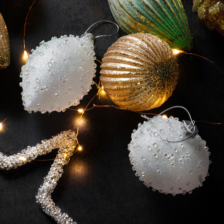White Opaque Beaded Onion Baubles (3pk) 80mm Dia