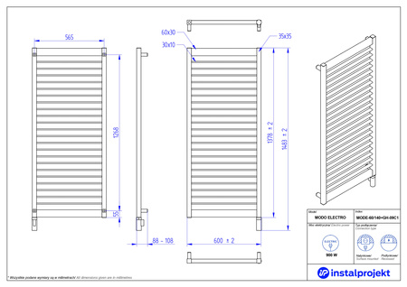 Instal Projekt Modo Electro Grzejnik elektryczny  60x140 cm biały połysk/white silk MODE-60/140+GH-09C1