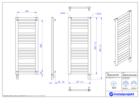 Instal Projekt Makao Electro Grzejnik elektryczny  50x120 cm biały połysk/white silk MAKE-50/120+GH-06C1