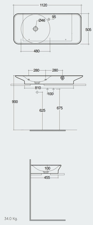 VALET Umywalka podwieszana & nablatowa 112x50,5 cm blat P z otworem na baterię biały połysk