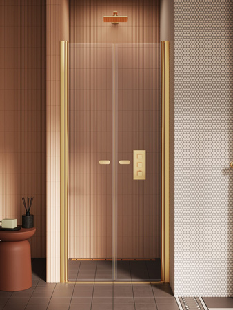 NZ2 Drzwi wnękowe NEW SOLEO GOLD BRUSHED 2D U 70x195 szkło czyste 6mm Active Shield 2.0 - z elementem stałym  - wsp. Równoległy