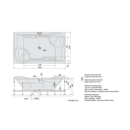 DUO wanna z hydromasażem, 200x120x45cm, Active Hydro-Air, chrom