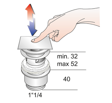 Korek umywalkowy 5/4'', klik-klak, kwadratowy korek, 32-52mm, chrom