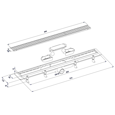 Odpływ liniowy z rusztem ze stali nierdzewnej, L-910, DN50