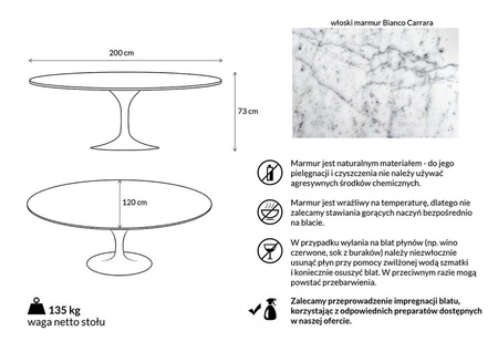Stół TULIP ELLIPSE MARBLE CARRARA 200     biały - marmur, metal