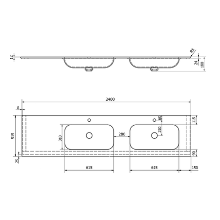 ARUBA umywalka podwójna prawa, 240x51,5 cm, Rockstone biały mat