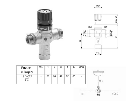 Termostatyczny regulator wody, 1/2", 30-60 stopni, zawory zwrotne