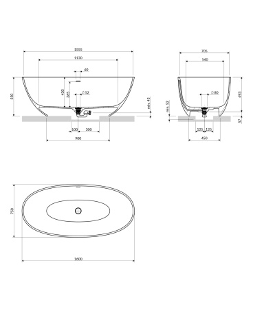 SHELL M+ wanna wolnostojąca z przelewem, 160 x 75 cm, ash grey mat