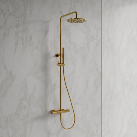 Y termostatyczny system prysznicowy natynkowy, złoty połysk