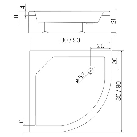 Brodzik prysznicowy ARTUS 90x90x21 półokrągły R55, fi. 52, podstawa stelaż, gł 11cm
