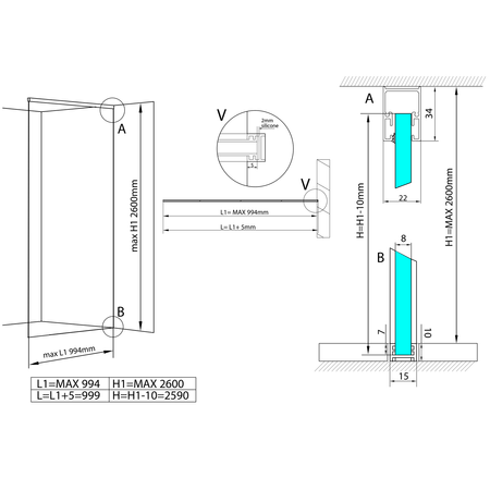 ARCHITEX hartowane szkło czyste, L 700 - 999mm, H 1800-2600mm