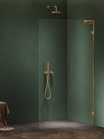 Kabina prysznicowa OXIA GOLD BRUSHED walk-in 50x200 szkło czyste 8mm Active Shield 2.0 - WSPORNIK KĄTOWY