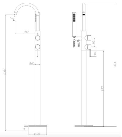 Bateria wannowa wolnostojąca z zestawem natryskowym, złota