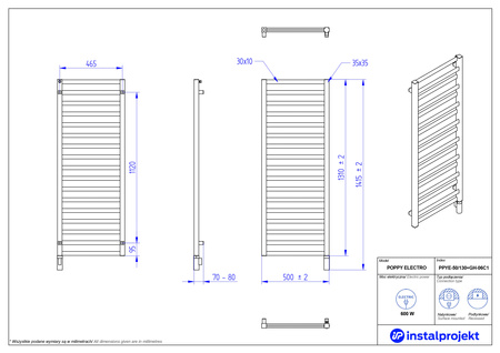 Instal Projekt Poppy Electro Grzejnik elektryczny  50x130 cm biały mat/white mat PPYE-50/130C34+GH-06C1