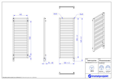 Instal Projekt Poppy Electro Grzejnik elektryczny  50x130 cm czarny mat/black mat PPYE-50/130C31+GH-06C2