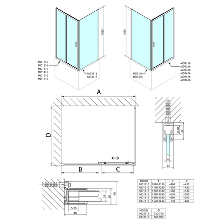 DEEP kabina prysznicowa 1200x900mm wariant L/P, szkło czyste