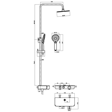 Natynkowy zestaw prysznicowy termostatyczny z deszczownicą i szklaną półką Cetus Chrome