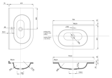 PULSE umywalka kompozytowa, 75x45cm, prawa, biała