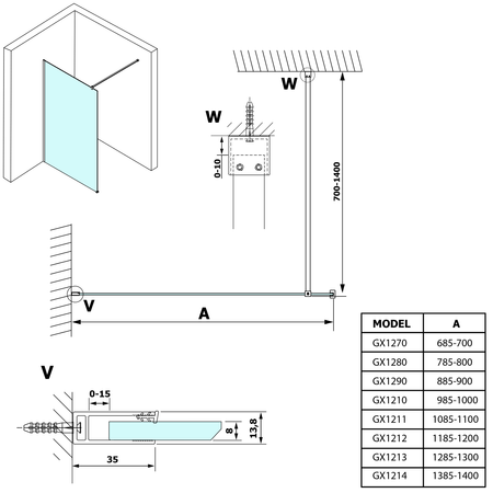 VARIO WHITE jednoczęściowa kabina przysznicowa Walk-In, montaż przy ścianie, szkło czyste, 1200 mm