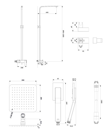 BARETTI system prysznicowy natynkowy, czarny mat