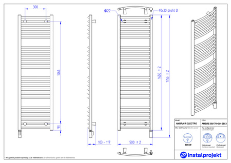 Instal Projekt Ambra R Electro Grzejnik elektryczny  50x170 cm biały połysk/white silk AMBRE-50/170+GH-06C1