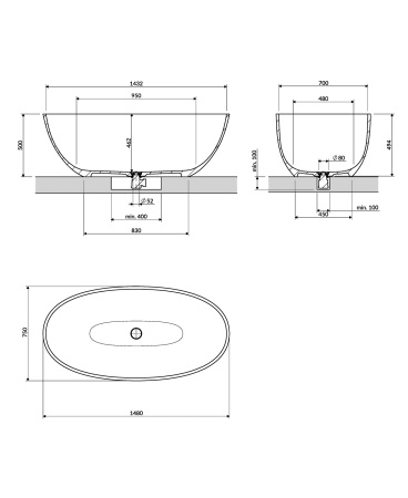 SHELL M+ wanna wolnostojąca, 148 x 75 cm, black lava mat