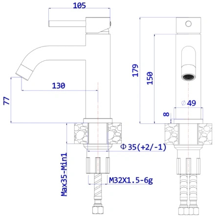 Bateria umywalkowa stojąca, stal szczotkowana