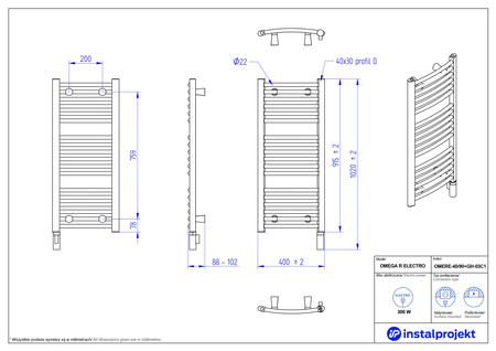 Instal Projekt Omer Electro Grzejnik elektryczny  40x90 cm biały połysk/white silk OMERE-40/90+GH-03C1