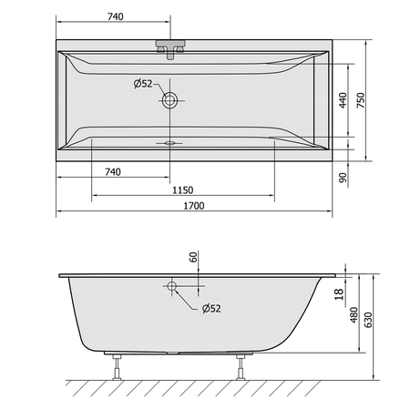 CLEO SLIM wanna prostokątna 170x75x48cm, biała