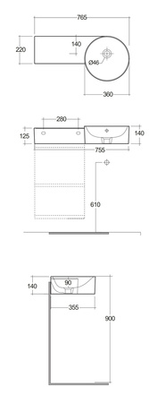 Petit Umywalka podwieszana okrąg z blatem z lewej 77x36 cm z otworem na baterię