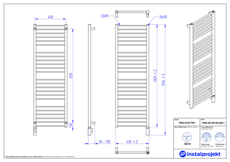 Instal Projekt Piko Electro Grzejnik elektryczny  40x130 cm biały połysk/white silk PIKE-40/130+GH-06C1