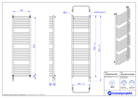 Instal Projekt Bolero Electro Grzejnik elektryczny  50x170 cm biały połysk/white silk BOLE-50/170+GH-09C1