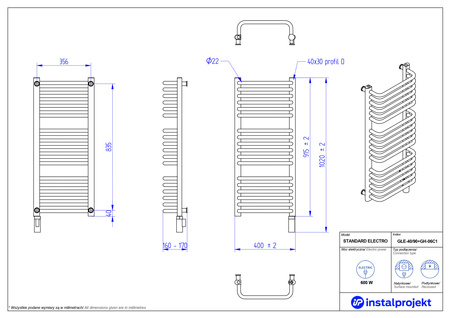 Instal Projekt Standard Electro Grzejnik elektryczny  40x90 cm biały połysk/white silk GŁE-40/90+GH-06C1