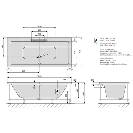 CASCATA wanna z hydromasażem, 185x85x45cm, kaskada ze stali nierdz., Attraction Hydro, chrom