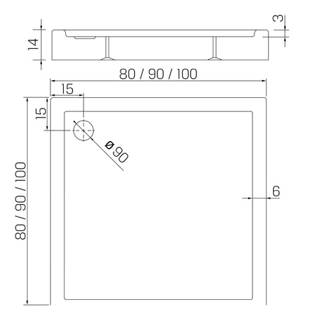 Brodzik COLUMBUS kwadratowy 90x90x14 gł. 3 cm, o90 (obudowa zintegrowana,  stelaż/noga x1)