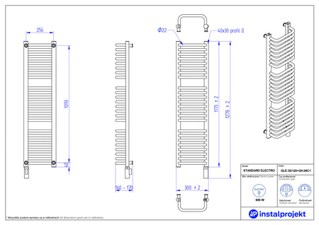 Instal Projekt Standard Electro Grzejnik elektryczny  30x120 cm biały połysk/white silk GŁE-30/120+GH-06C1