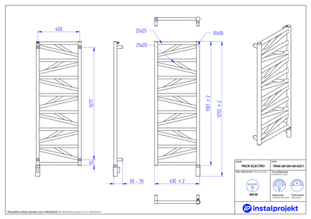 Instal Projekt Trick Electro Grzejnik elektryczny  40x120 cm czarny mat/black mat TRKE-40/120C31+GH-03C2