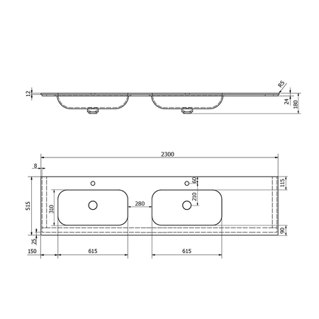 ARUBA umywalka podwójna lewa, 230x51,5 cm, Rockstone biały mat