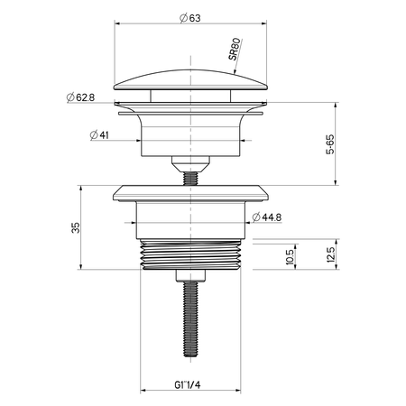 Odpływ umywalkowy 5/4", silent klik-klak, duży korek, 5-55 mm, złoto