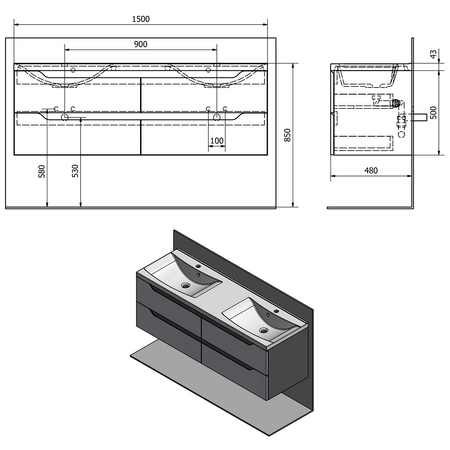 WAVE szafka umywalkowa 150x50x48cm, biała/mali wenge