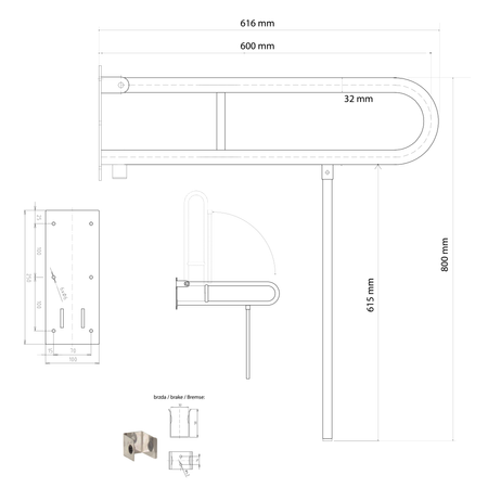 HANDICAP poręcz z nogą podporową 600mm, stal nierdzewna polerowana