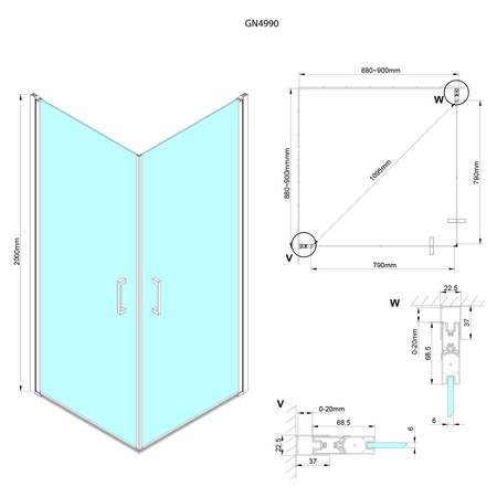 LORO kabina prysznicowa 900x900 mm, wejście z rogu